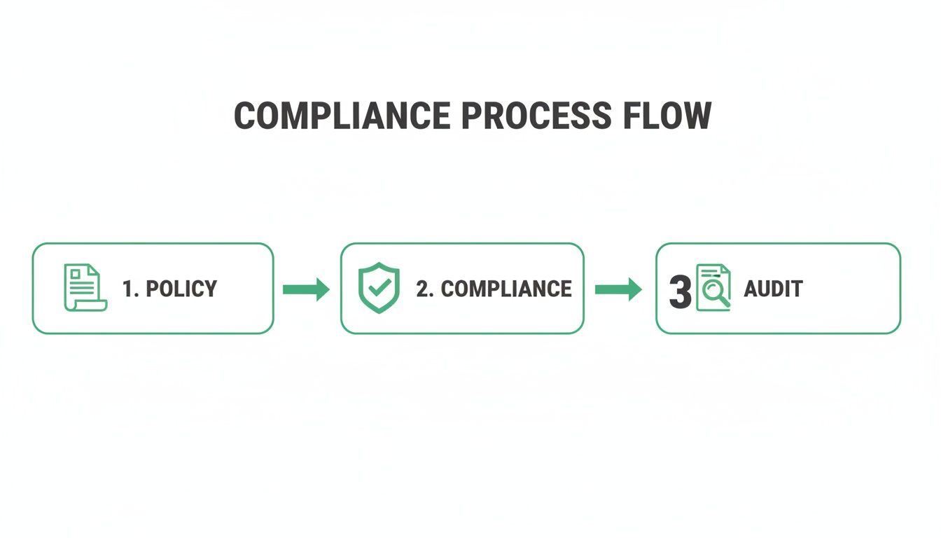 A three-step compliance process flow diagram showing Policy, Compliance, and Audit with corresponding icons and arrows.