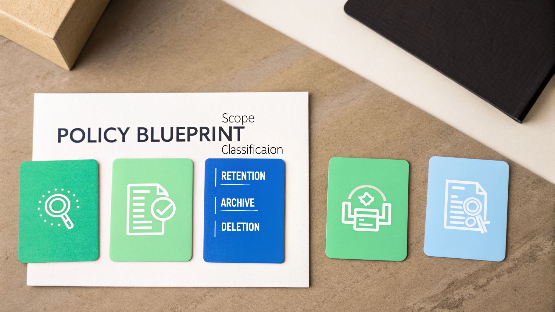 A policy blueprint card illustrating data retention, archive, and deletion steps with various icons on a desk.
