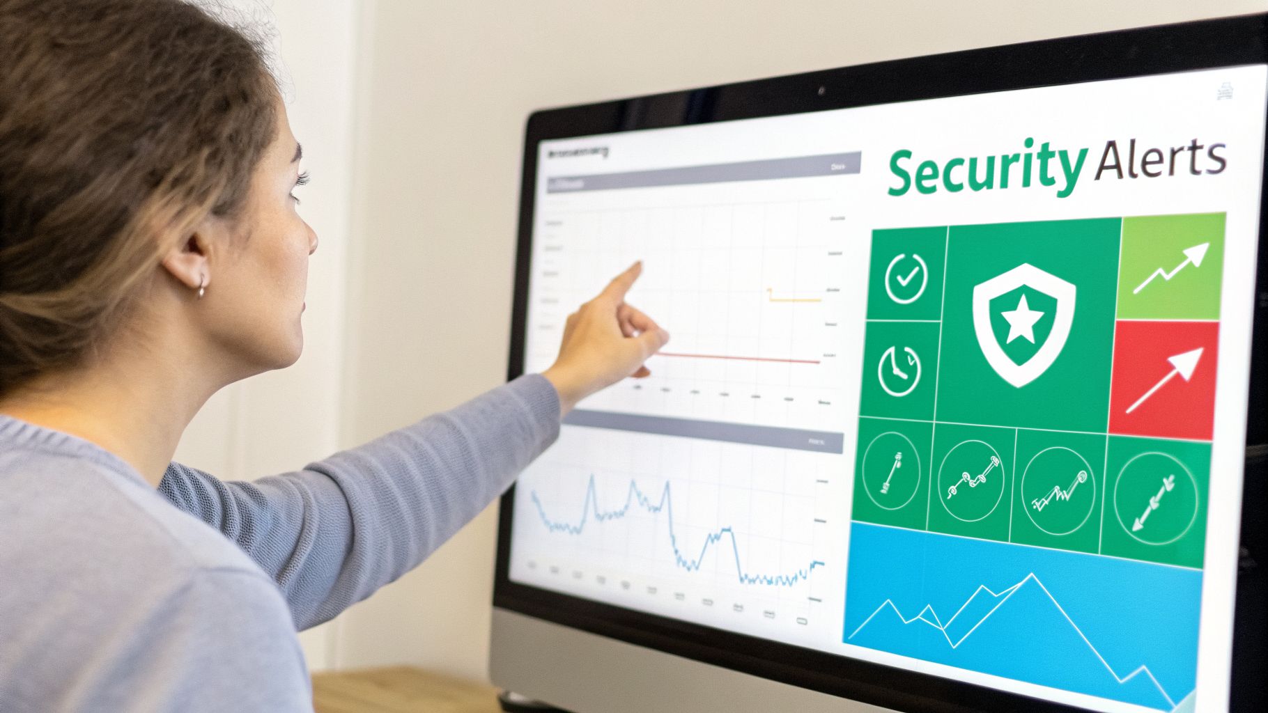 A professional reviews cybersecurity data and security alerts on a computer monitor.