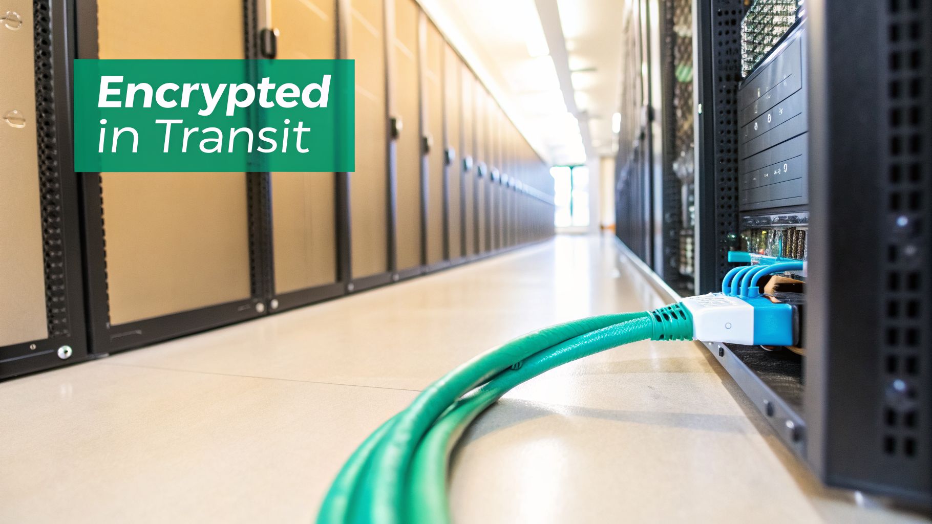 A long shot of a data center aisle with server racks, a green network cable, and 'Encrypted in Transit' text.