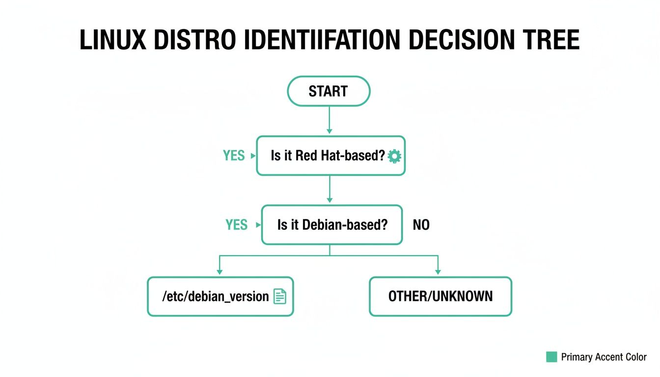 A simplified decision tree flowchart to identify Linux operating systems based on Red Hat and Debian.
