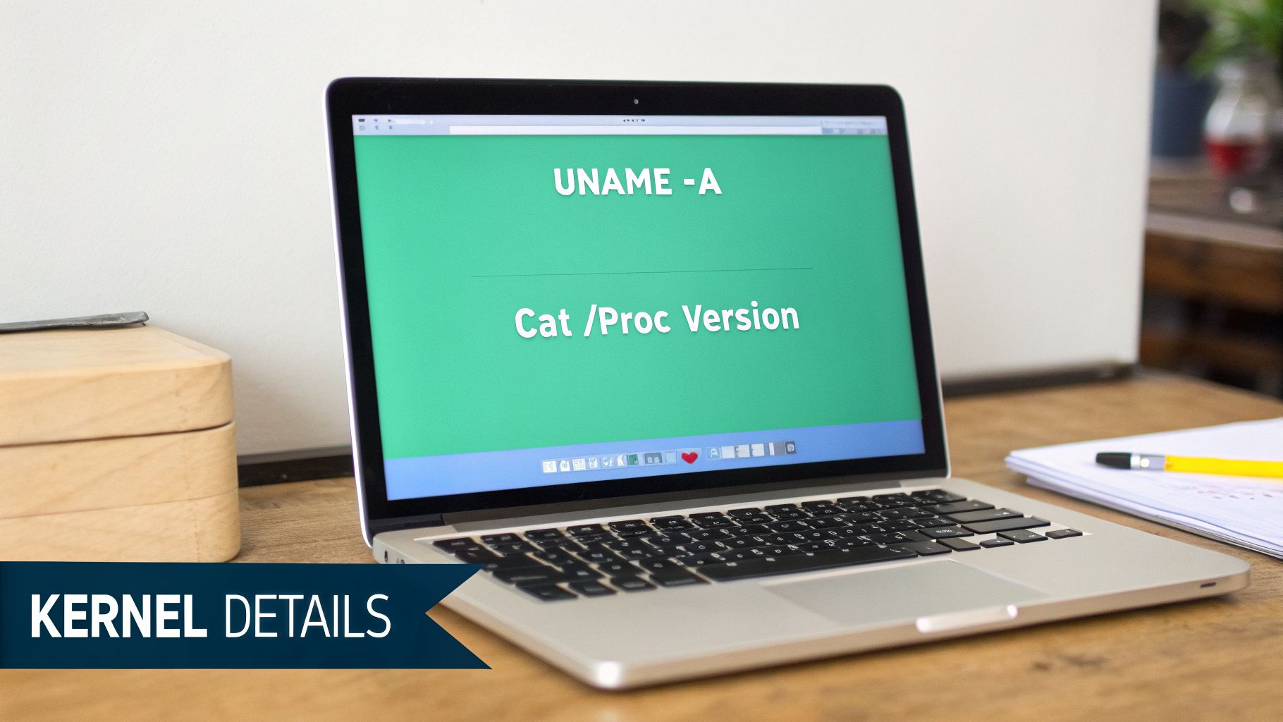 A laptop screen displays Linux commands 'uname -a' and 'cat /proc/version' for kernel details.