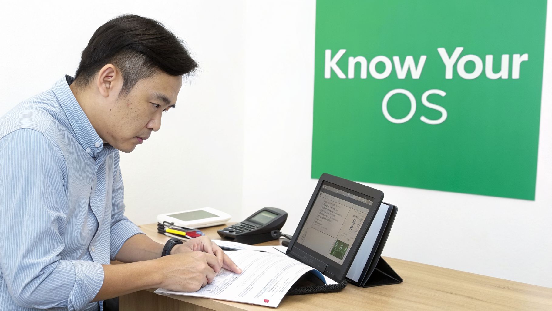 An Asian man points at a document on a desk with a laptop and a 'Know Your OS' sign.
