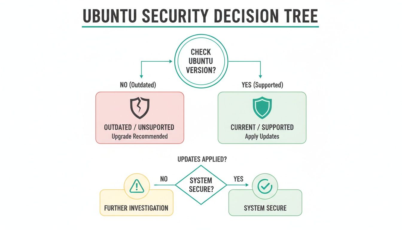 Ubuntu security decision tree flowchart illustrating steps to check version, apply updates, and determine system security.