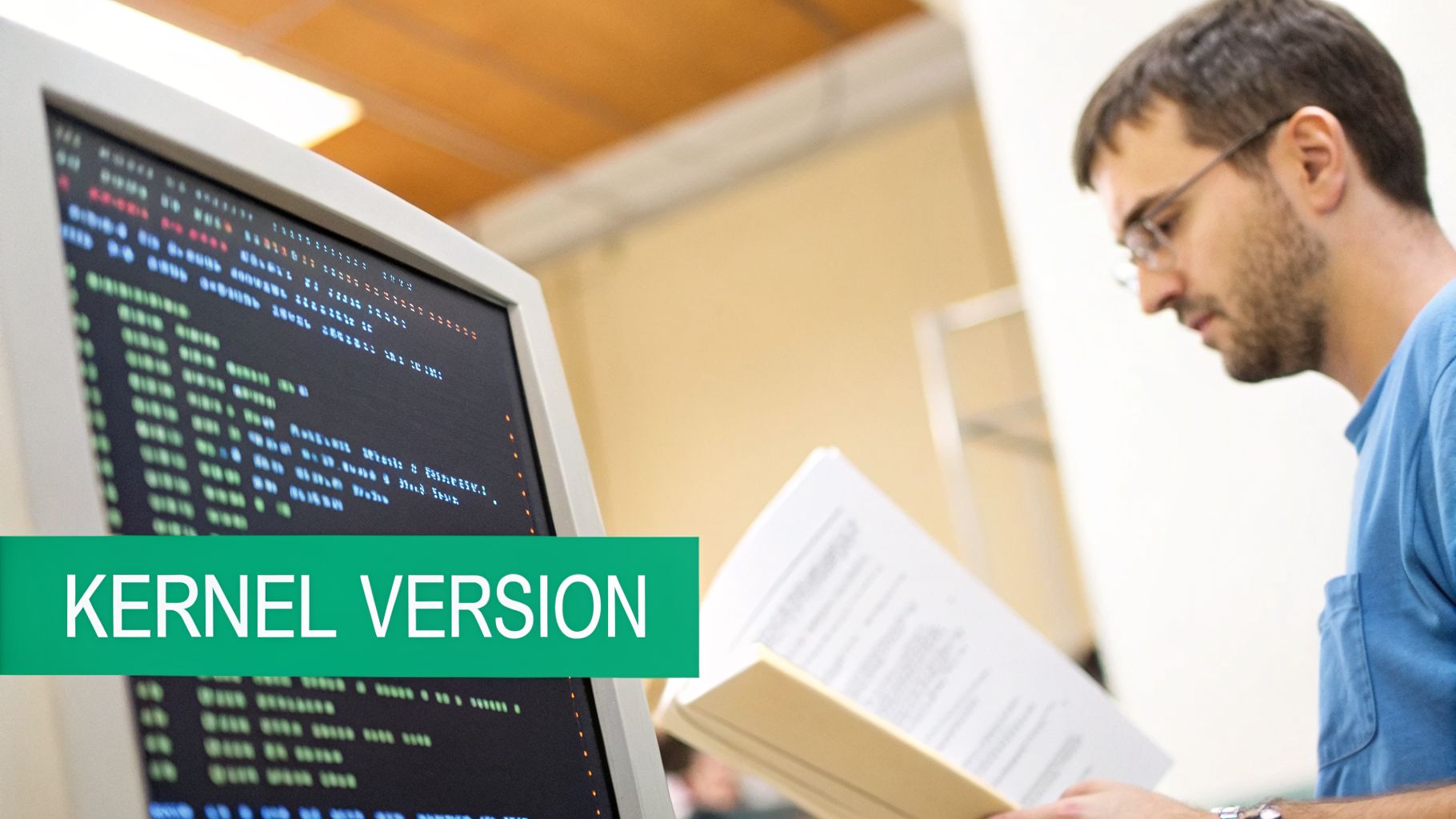 A man reading a document next to a computer monitor displaying code, with a 'KERNEL VERSION' banner.