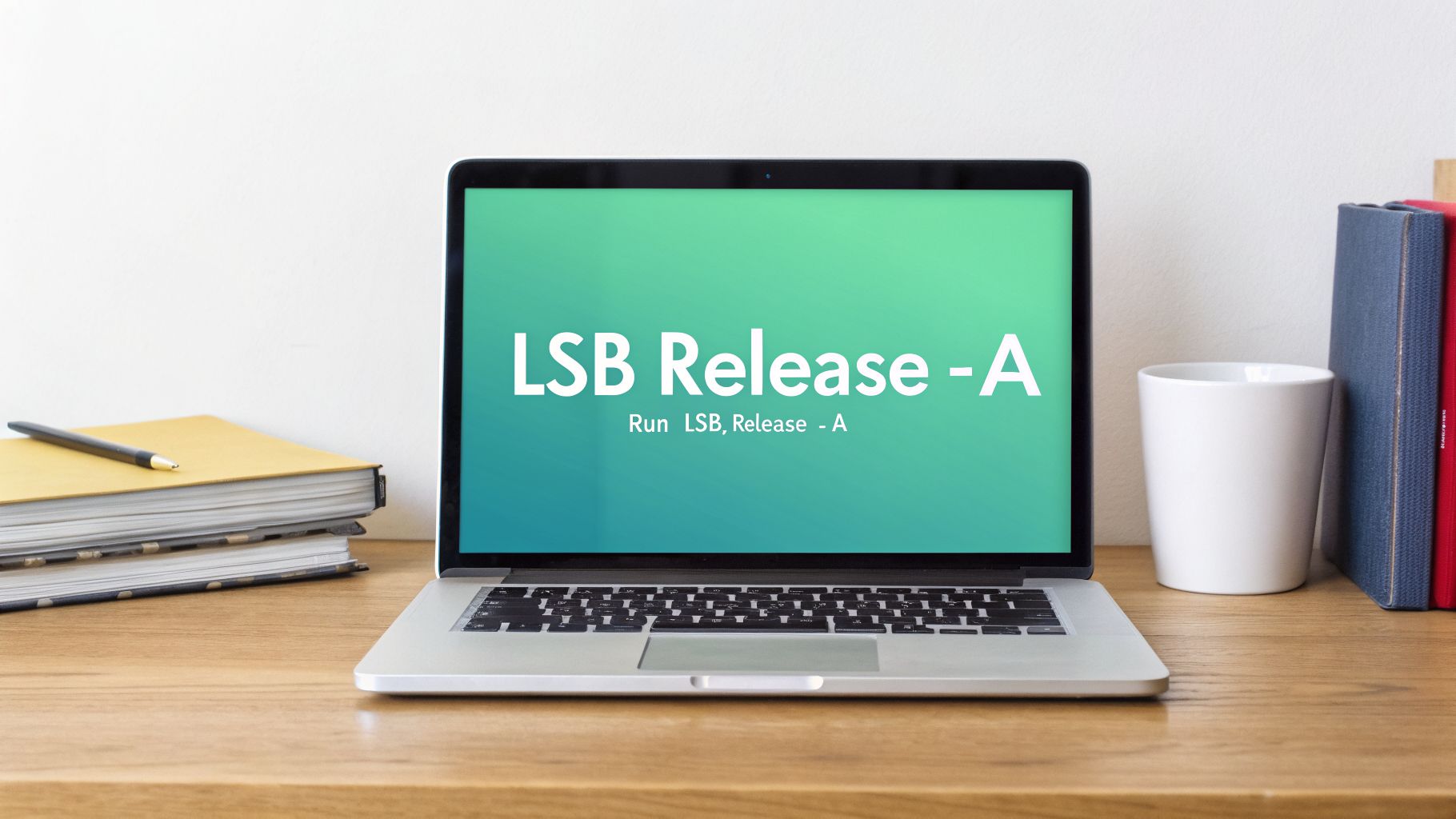 A laptop on a wooden desk displaying "LSB Release -A" command, surrounded by books and a mug.