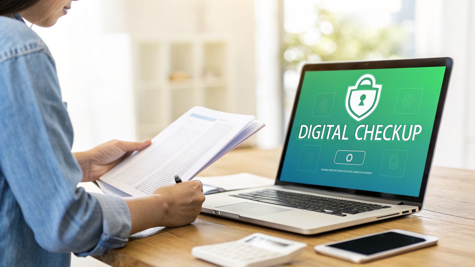 A person reviews documents while a laptop screen shows 'Digital Checkup' with a shield-lock icon.