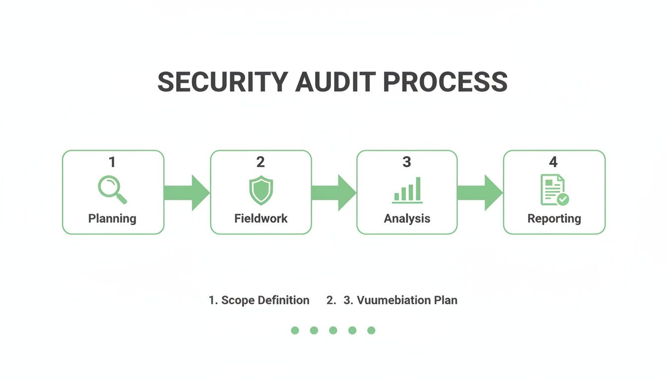 Flowchart illustrating the four-step security audit process: Planning, Fieldwork, Analysis, and Reporting.