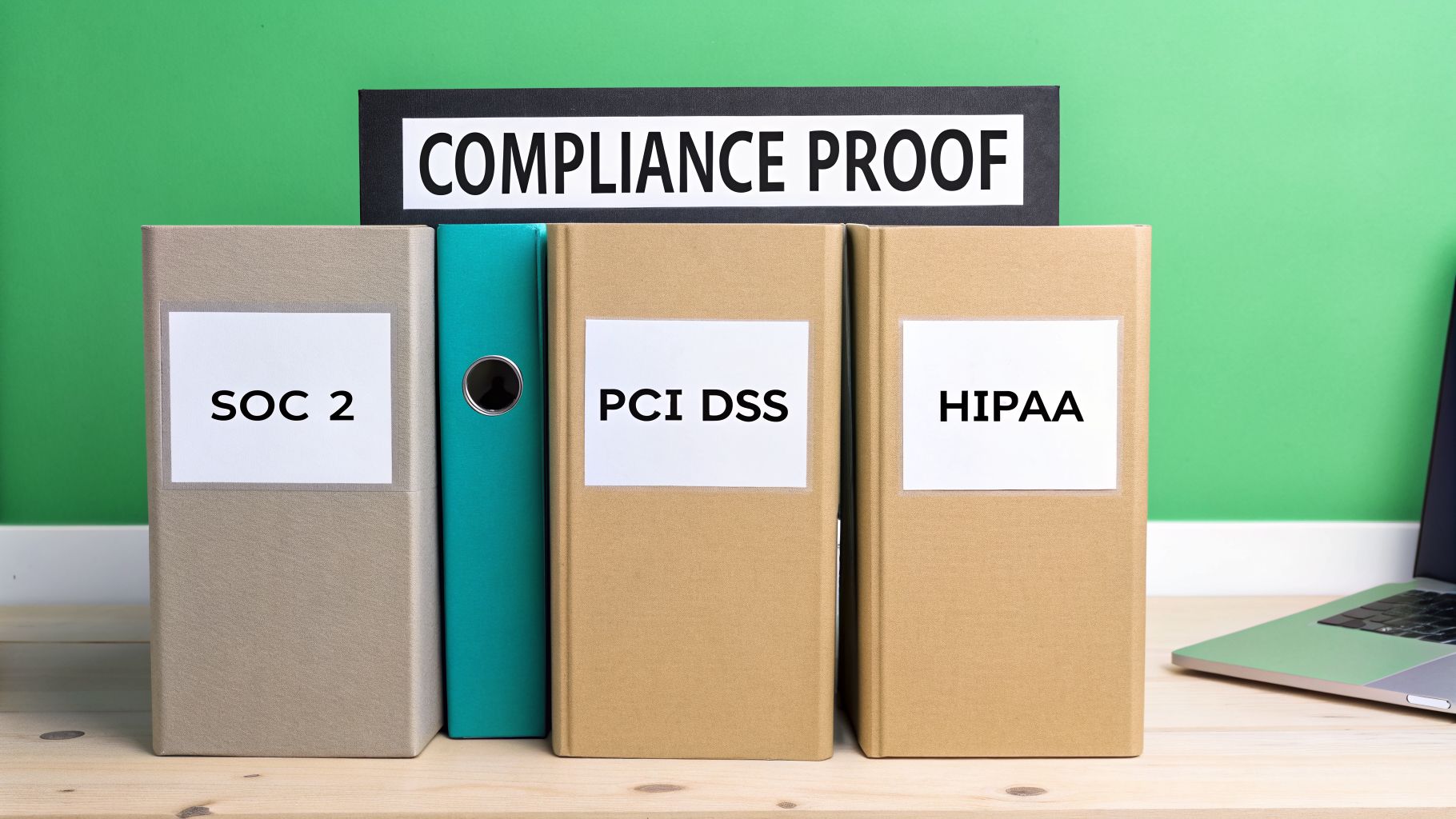 Folders labeled SOC 2, PCI DSS, and HIPAA under a 'COMPLIANCE PROOF' sign.