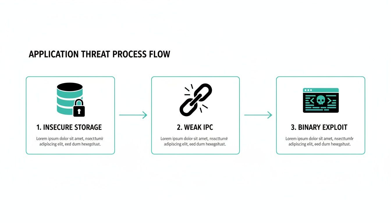 A three-step application threat process flow diagram showing insecure storage, weak IPC, and binary exploit.