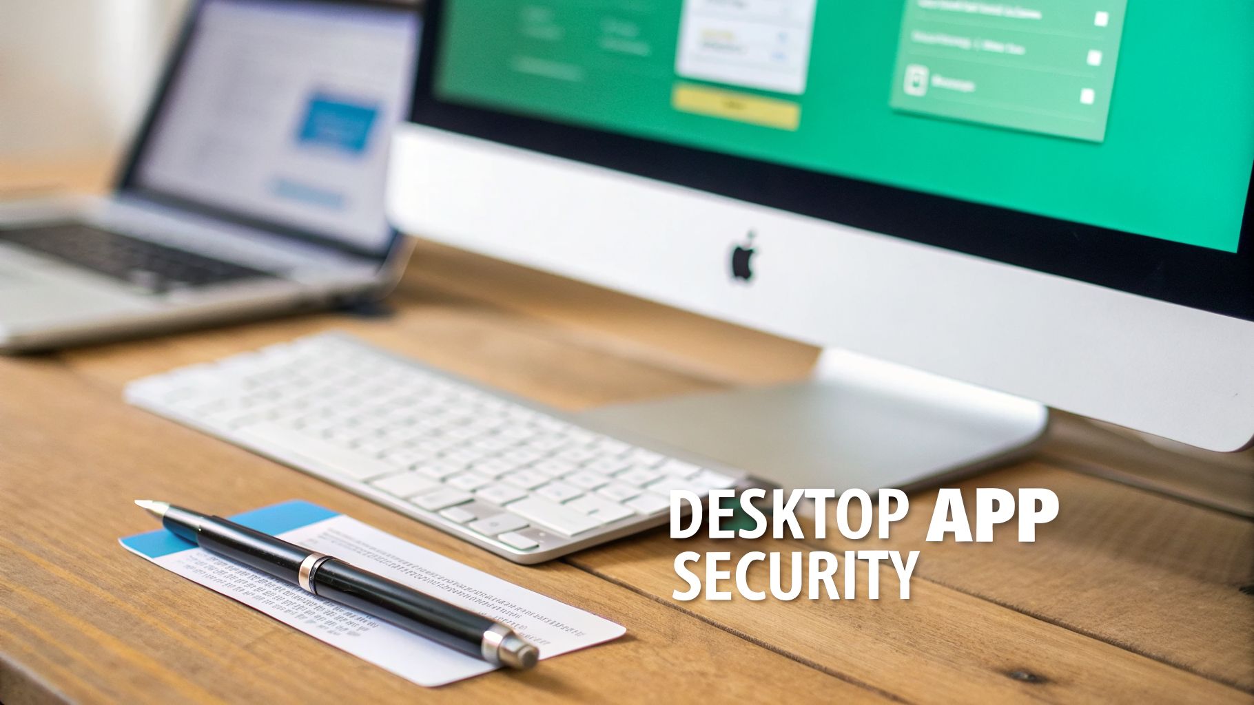 A desk with a laptop, an Apple iMac, a keyboard, a pen, and paper. Text reads 'DESKTOP APP SECURITY'.