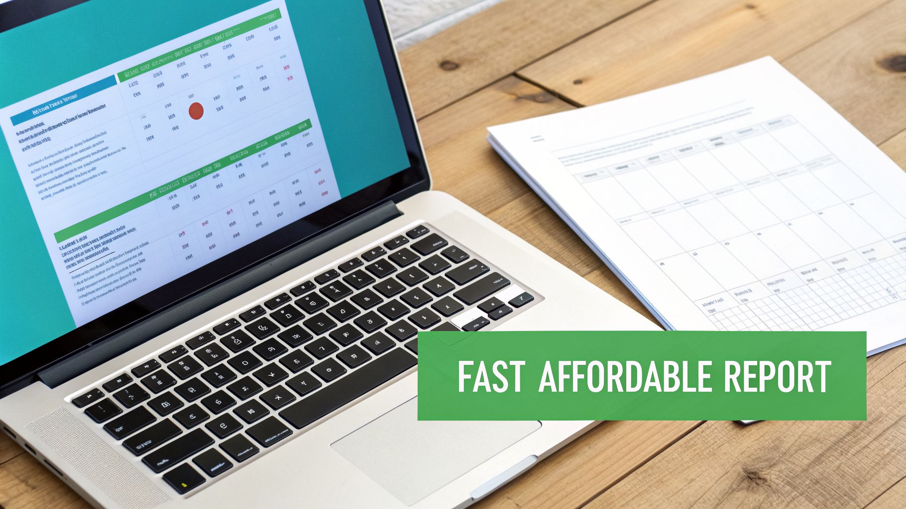 A laptop displaying a detailed digital report next to a physical document on a wooden desk.