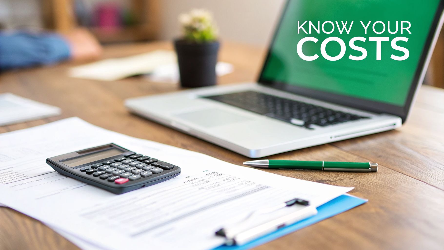 Financial analysis workspace with calculator, papers, pen, and laptop showing 'KNOW YOUR COSTS'.