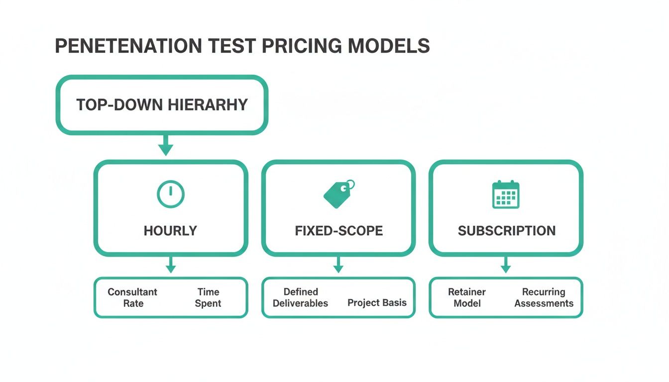 Flowchart illustrating penetration test pricing models: hourly, fixed-scope, and subscription, with their respective sub-models.