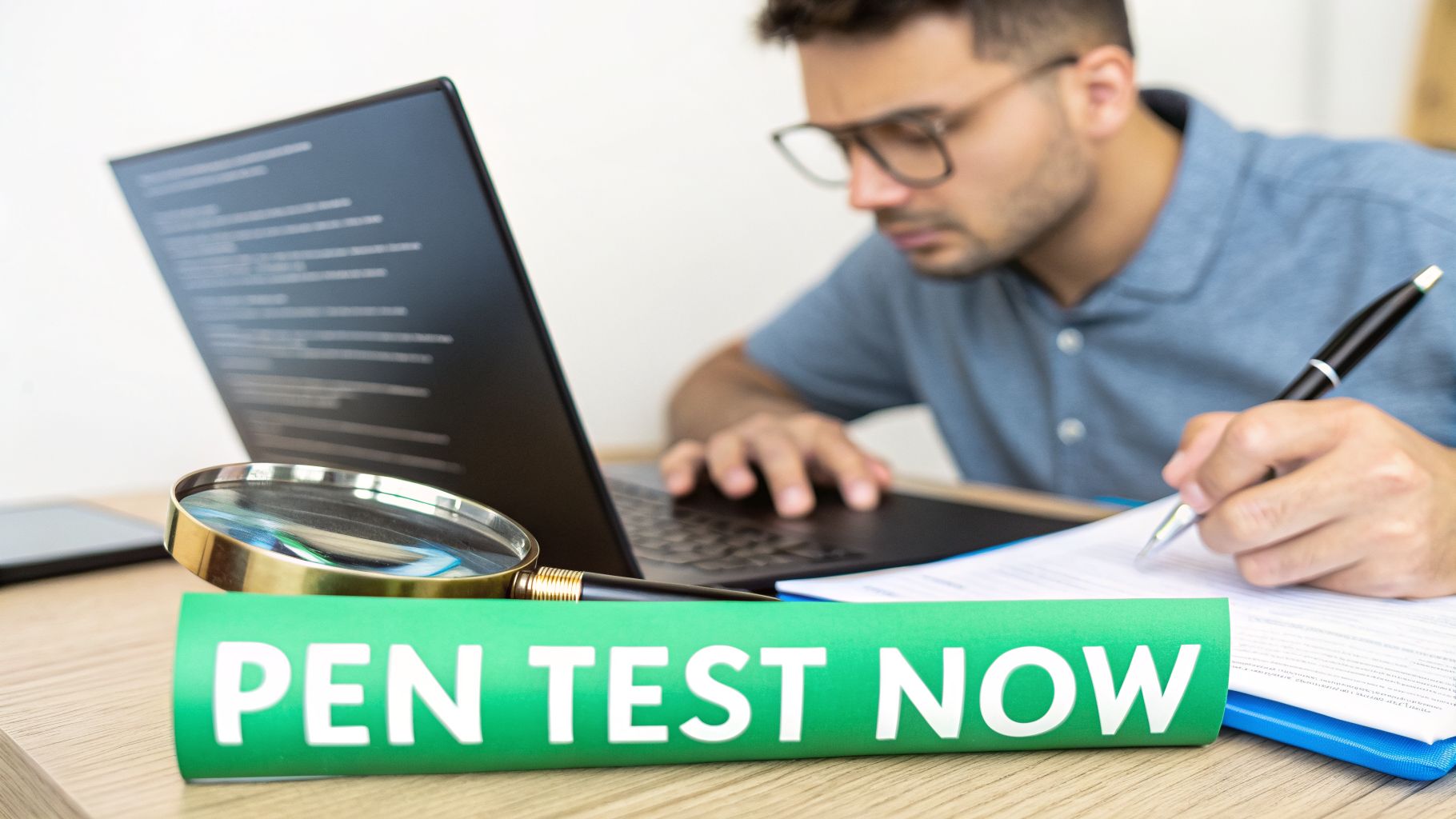 A man in glasses works on a laptop and writes notes, with a "PEN TEST NOW" sign.