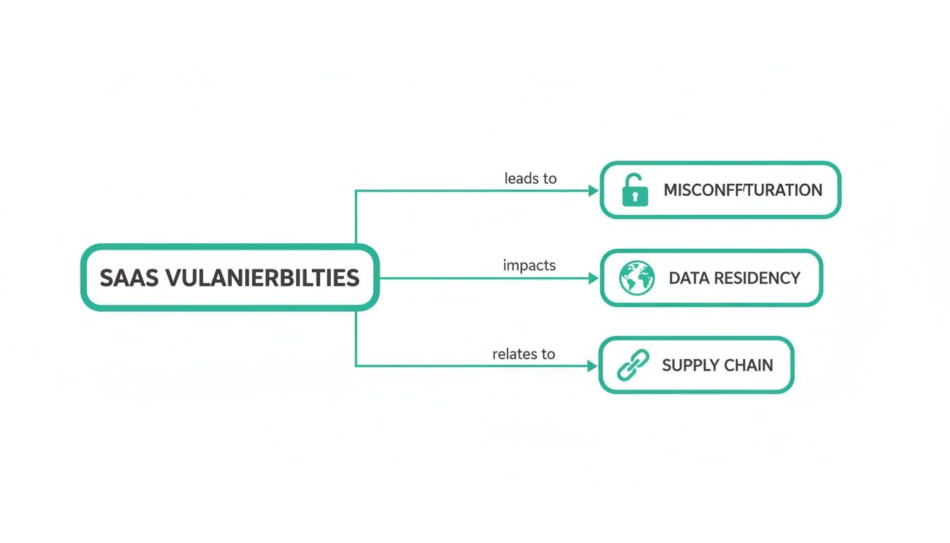 A diagram illustrates SaaS vulnerabilities leading to misconfiguration, impacting data residency, and relating to the supply chain.