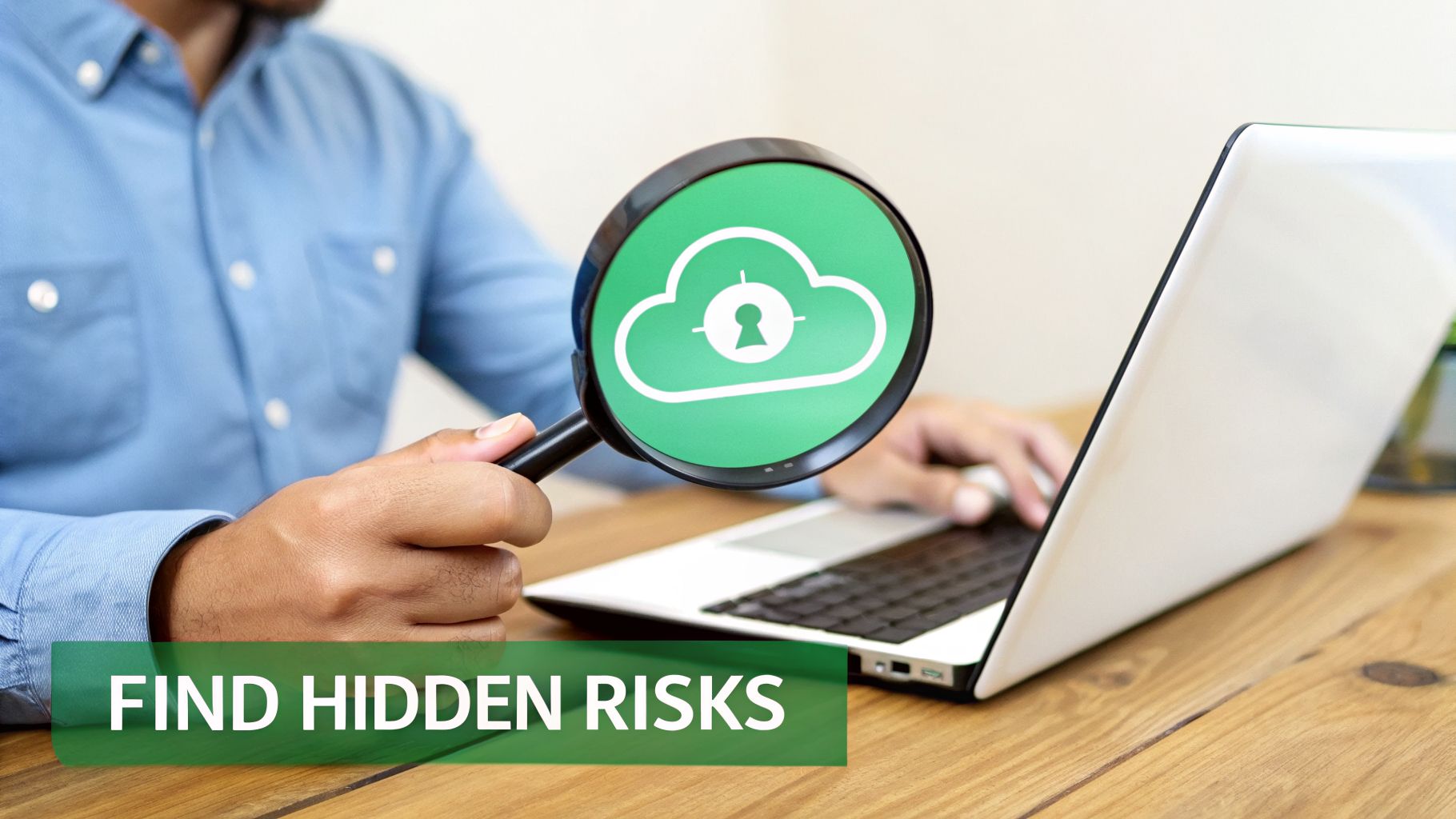 A person uses a magnifying glass showing a cloud security icon over a laptop to find hidden risks.