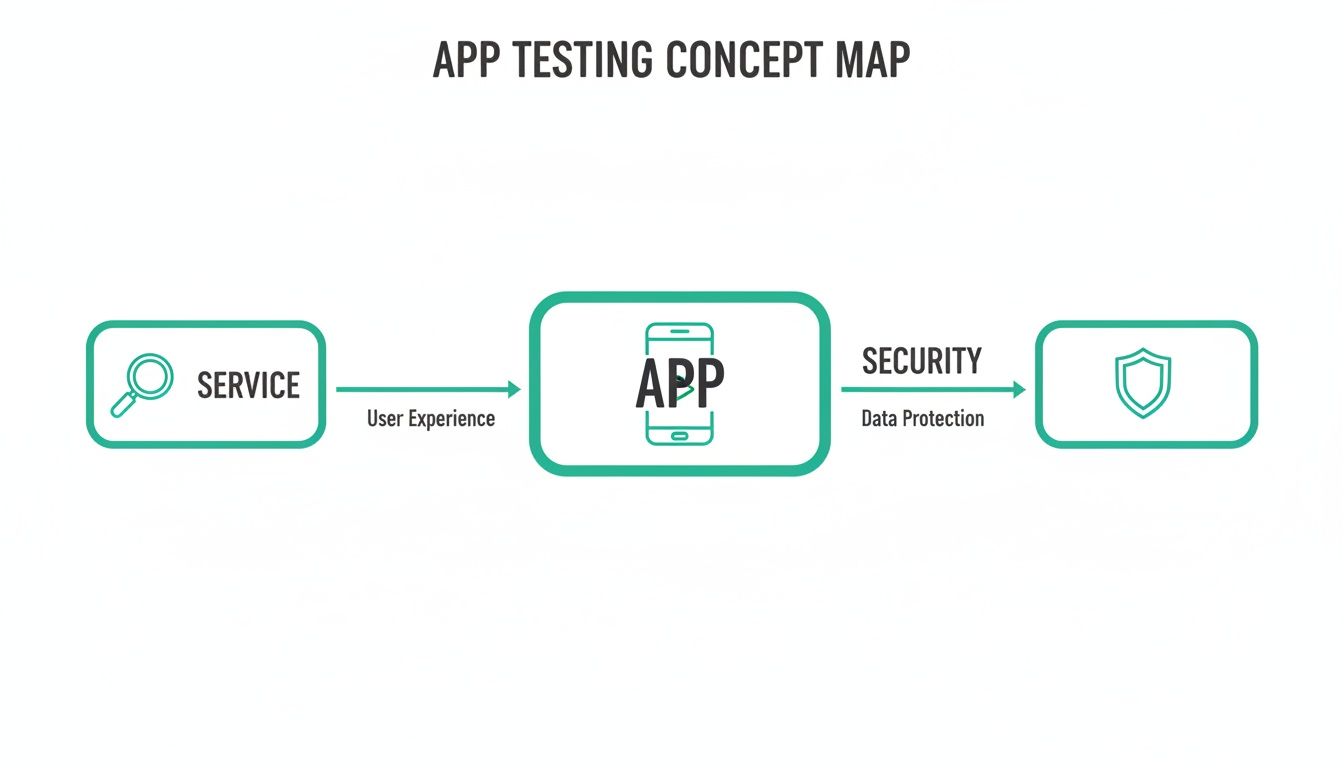 An app testing concept map illustrating the flow from service through user experience to app and then to security and data protection.