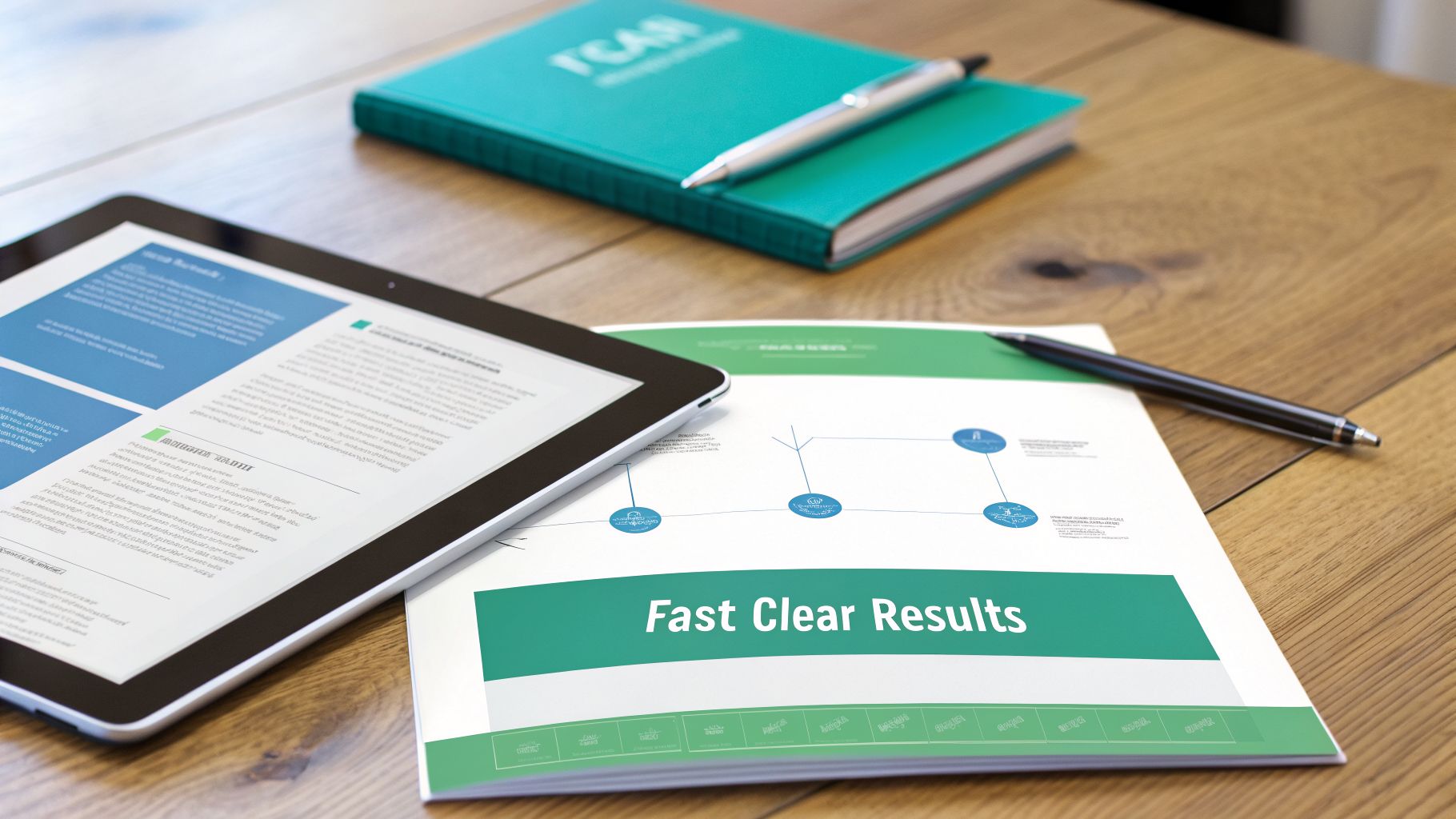 Digital and physical documents on a wooden desk, including a tablet, a paper with "Fast Clear Results," and pens.