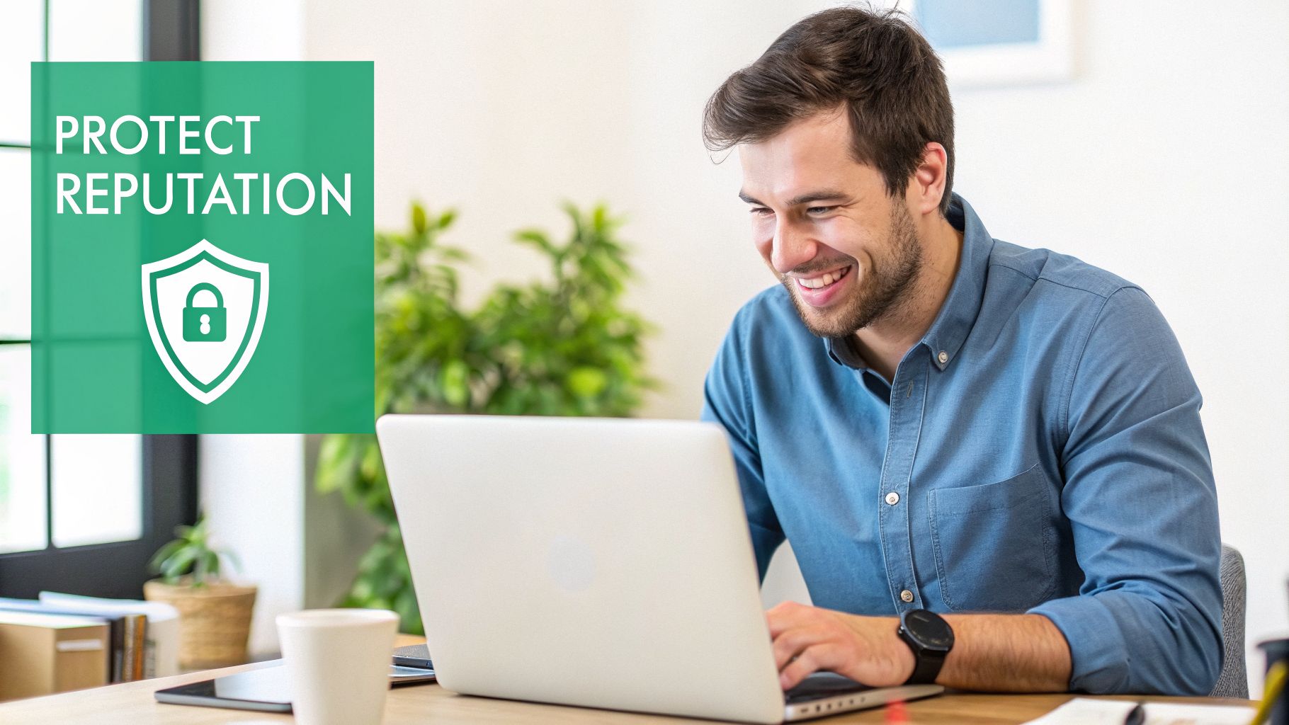 Smiling man using a laptop, an overlay with 'PROTECT REPUTATION' and a shield icon.