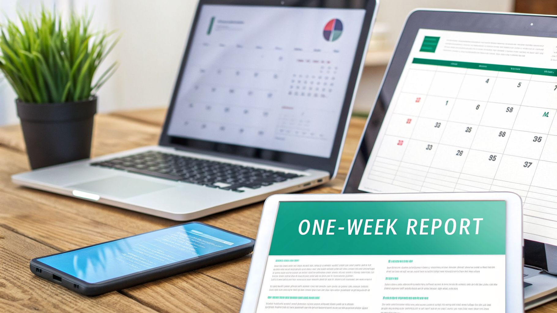 A clean wooden desk with a laptop, tablet displaying a report, and a smartphone.