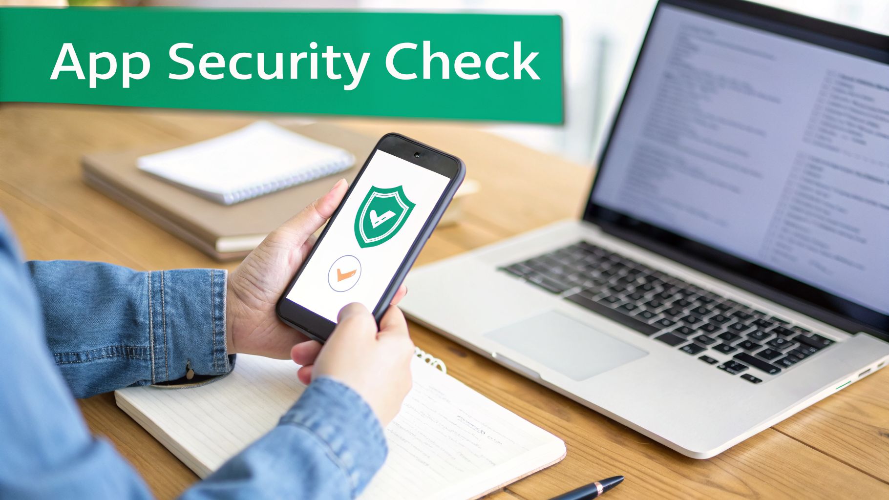 Person holding a smartphone displaying an app security shield icon and checkmark, next to a laptop.