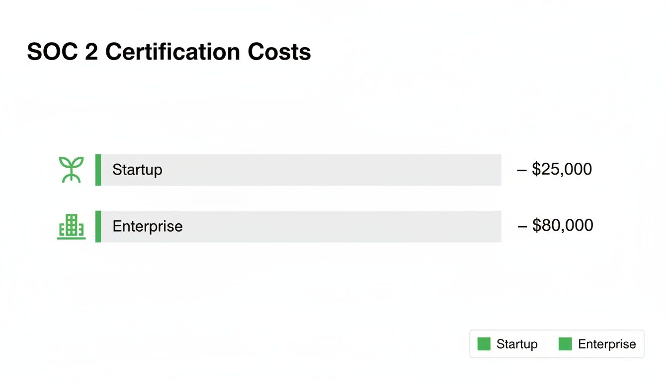 A bar chart displaying SOC 2 certification costs, with startups at $25,000 and enterprises at $80,000.