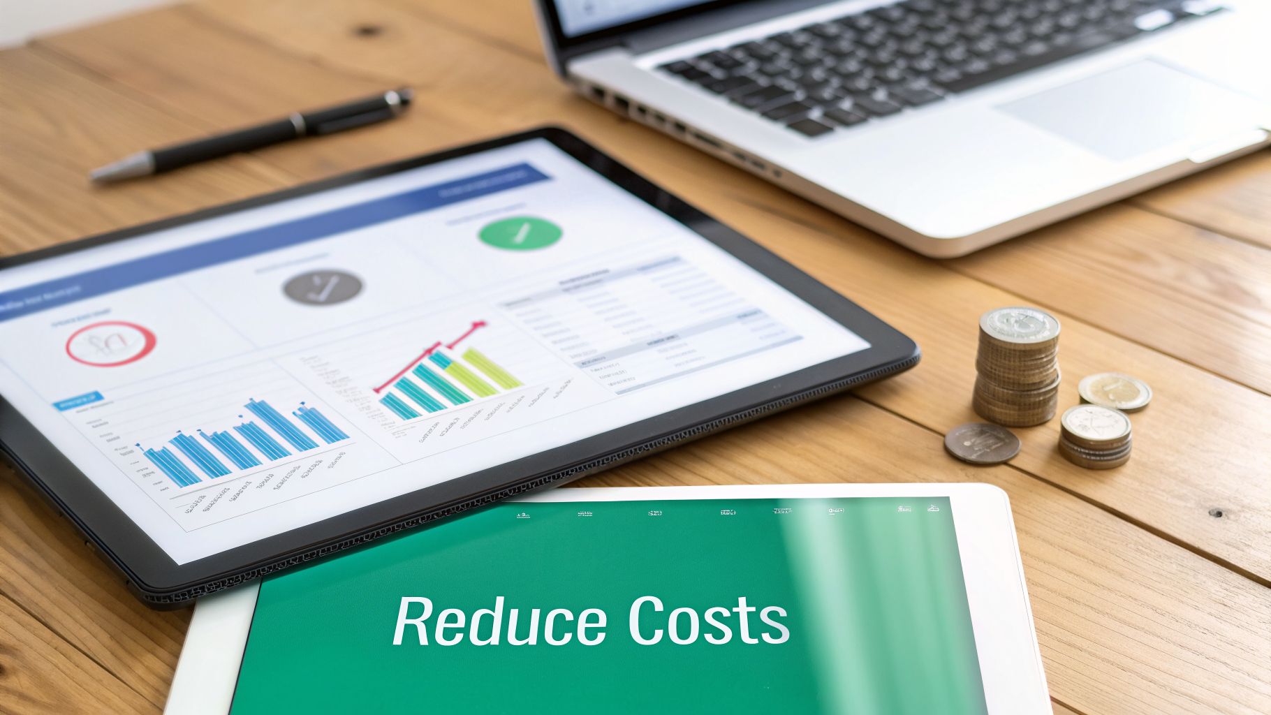 Tablets displaying 'Reduce Costs' and financial charts, laptop, and coins on a wooden desk.