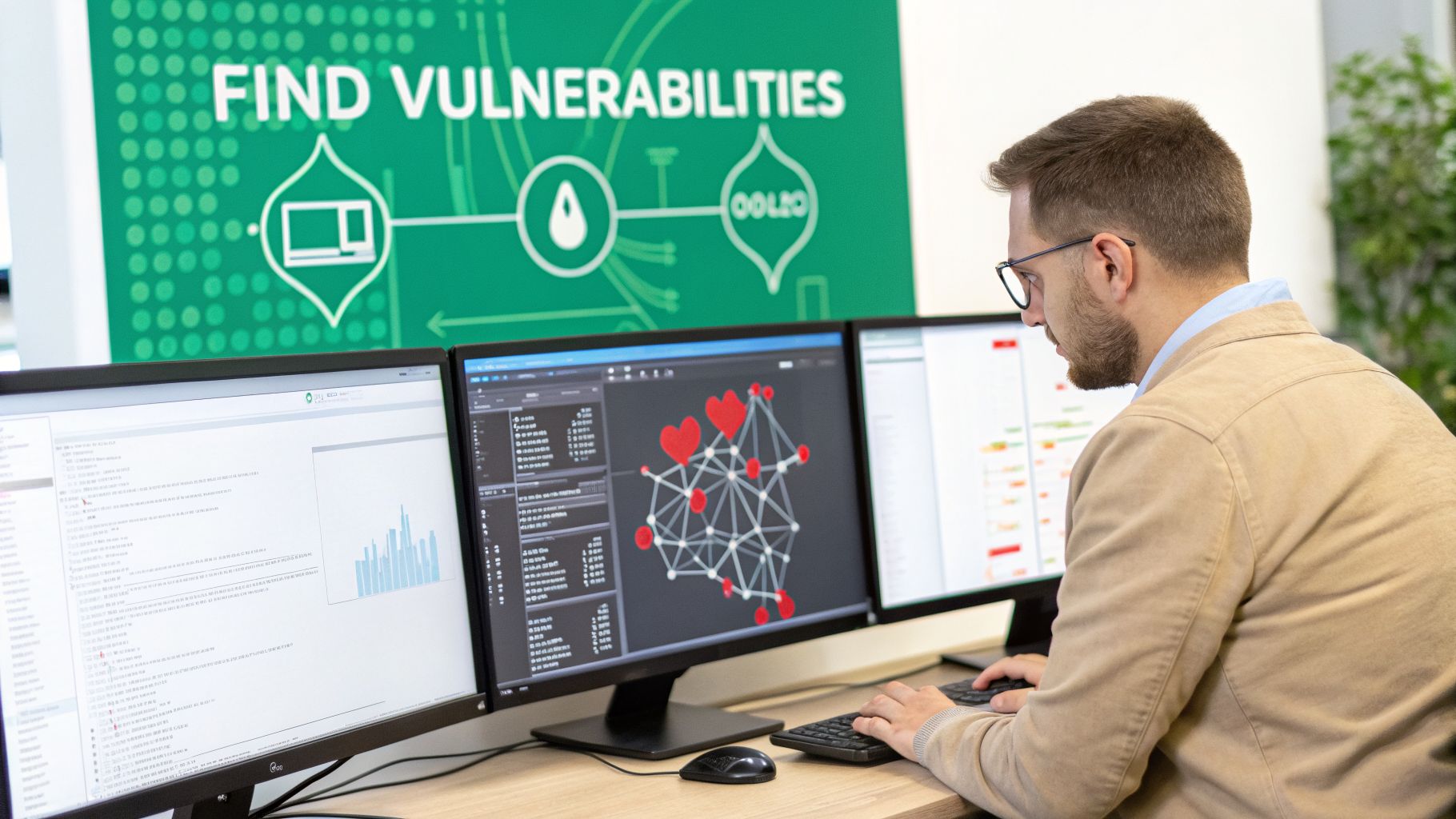 A man with glasses works on three computer monitors, behind him a sign reads 'FIND VULNERABILITIES'.