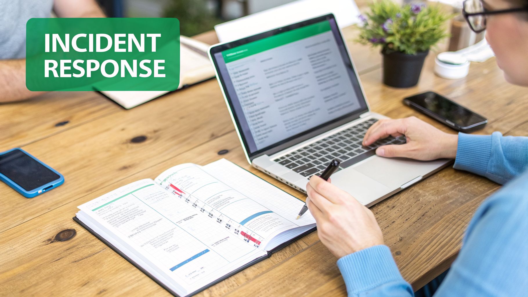 A person working on incident response, typing on a laptop and writing in a planner at a wooden desk.
