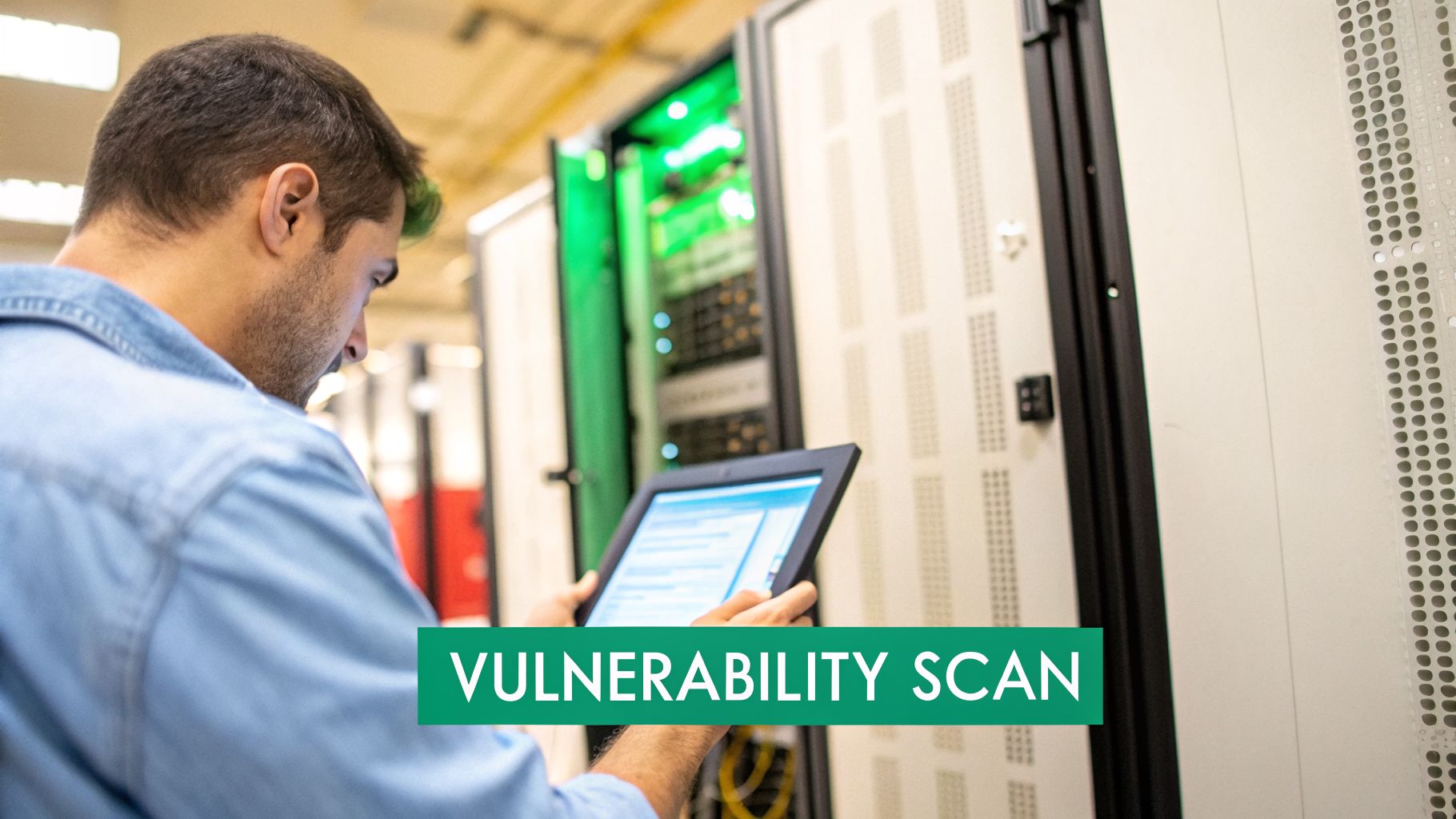 An IT professional performs a vulnerability scan with a tablet in a data center.