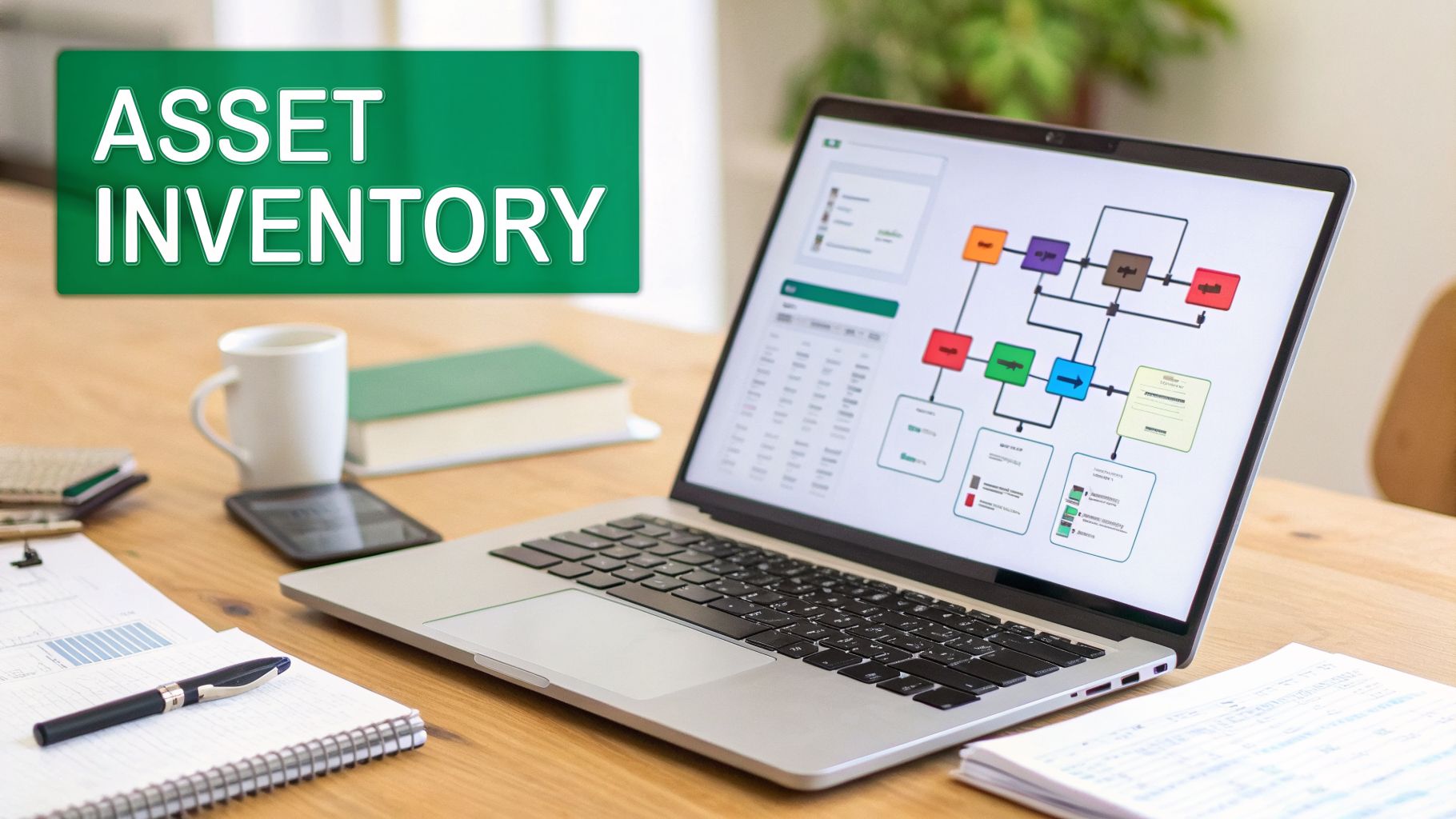 Laptop on a wooden desk showing a diagram, with an 'ASSET INVENTORY' sign above.