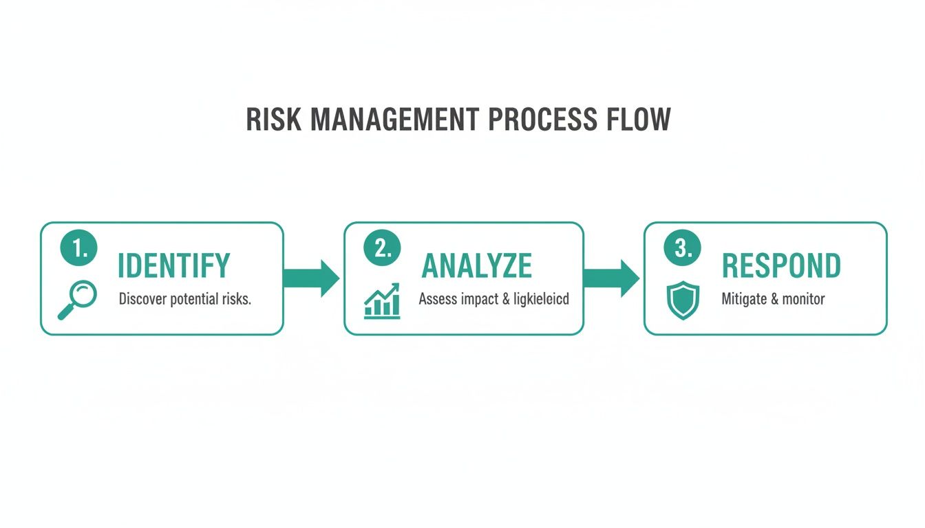 A three-step risk management process flow showing identify, analyze, and respond steps.