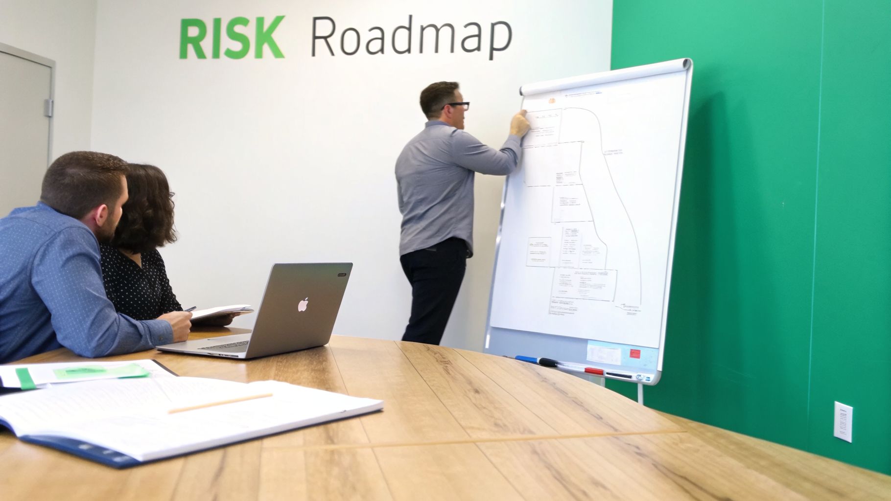Three professionals collaborate in a modern office, discussing a risk roadmap on a whiteboard.