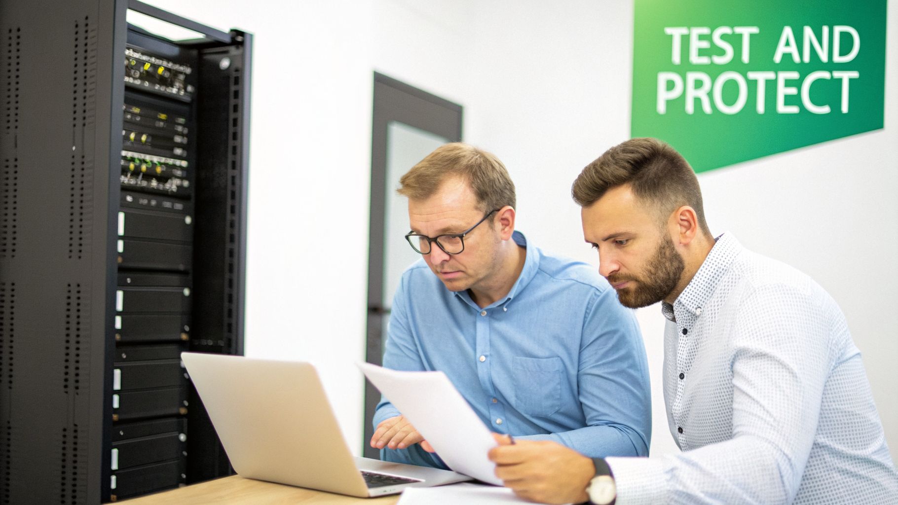 Two IT professionals analyze data on a laptop and documents near a server rack.