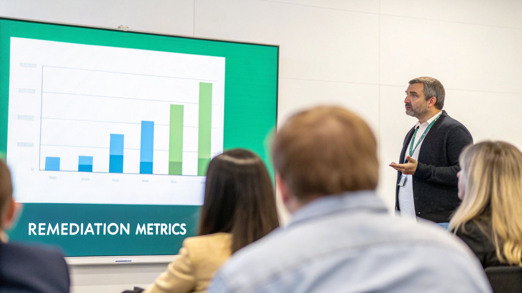 A person presenting a dashboard with positive trends to leadership, illustrating successful reporting.