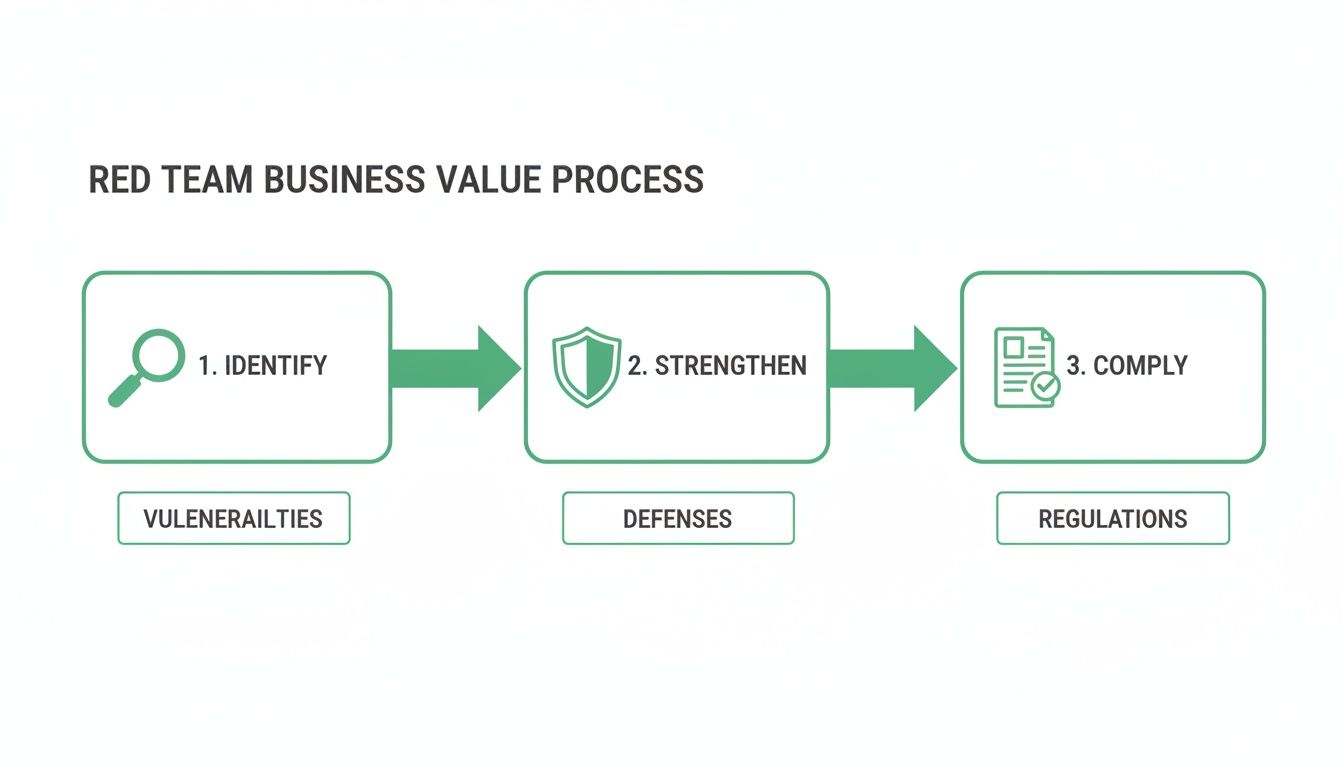 Flowchart illustrating the Red Team business value process: identify vulnerabilities, strengthen defenses, and comply with regulations.
