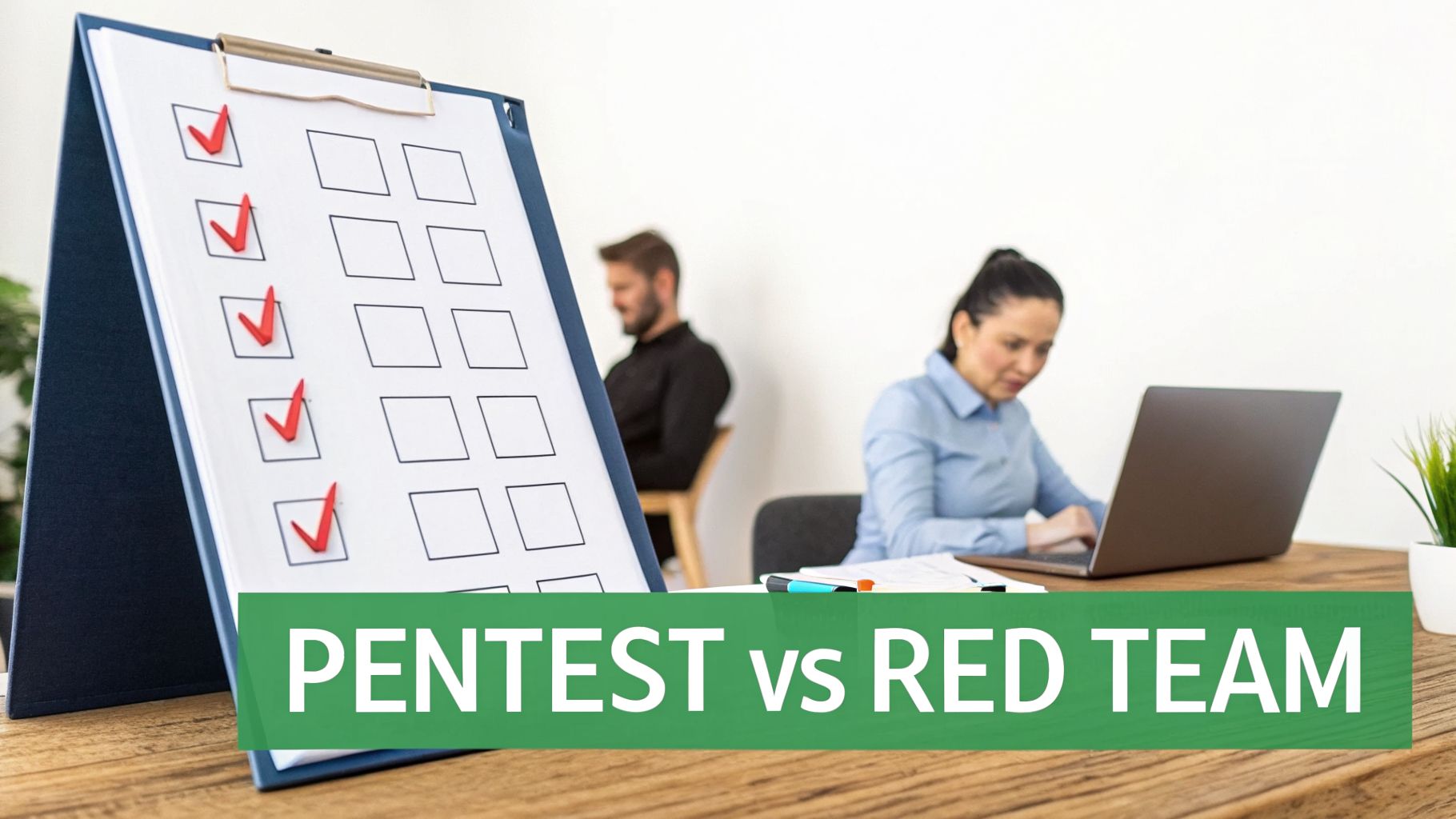 Clipboard with a checklist showing red checkmarks, people working, and 'PENTEST vs RED TEAM' title.