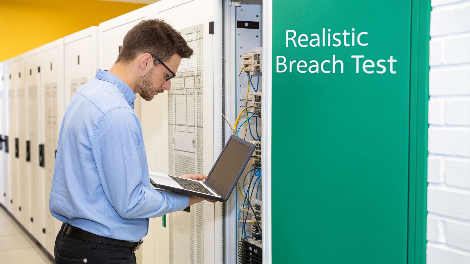 A male IT technician uses a laptop to inspect a server rack, with 'Realistic Breach Test' on a green panel.