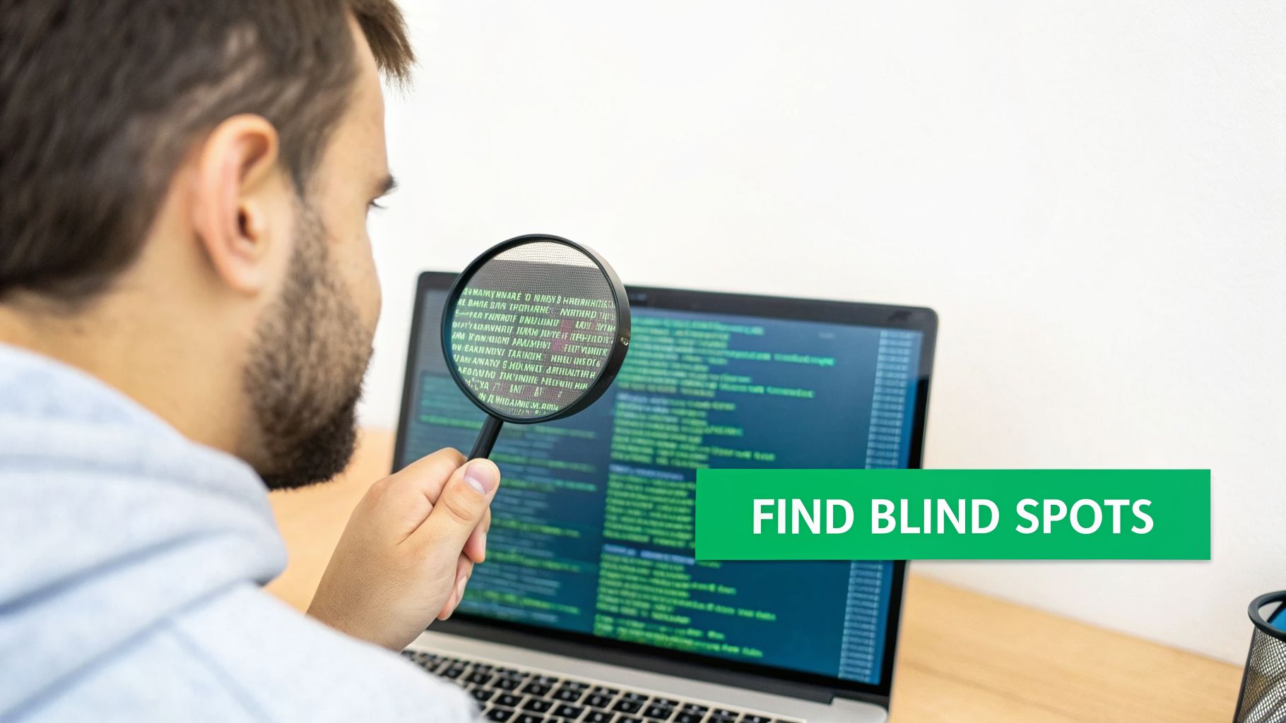 A man uses a magnifying glass to inspect computer code on a laptop, emphasizing finding blind spots.