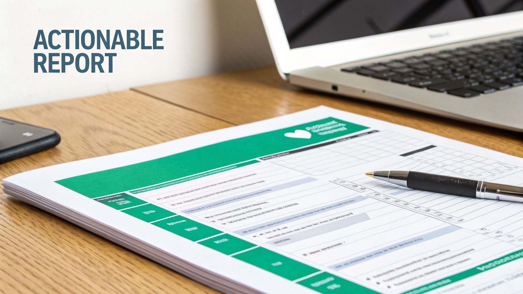 A desk with an 'Actionable Report' document, a pen, laptop, and smartphone, signifying business productivity.