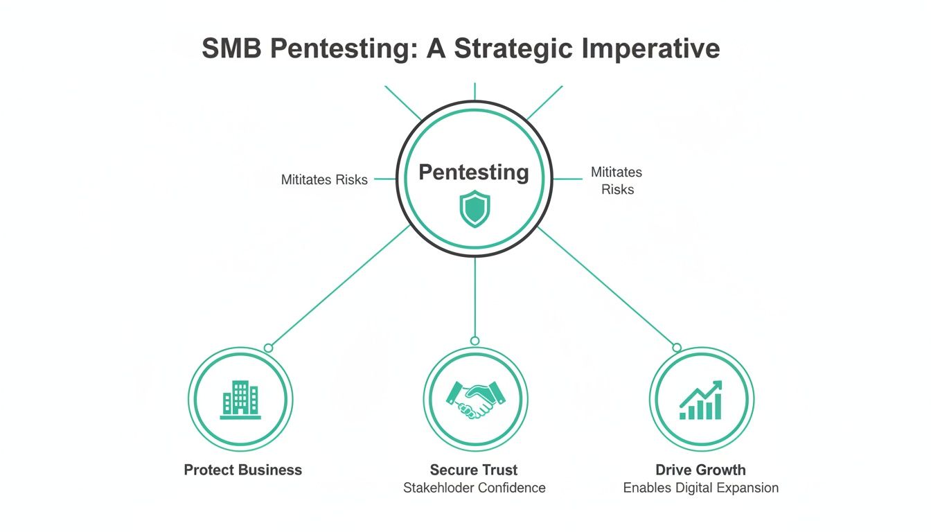 Diagram illustrating the strategic imperatives of SMB pentesting: mitigating risks, protecting business, securing trust, and driving growth.
