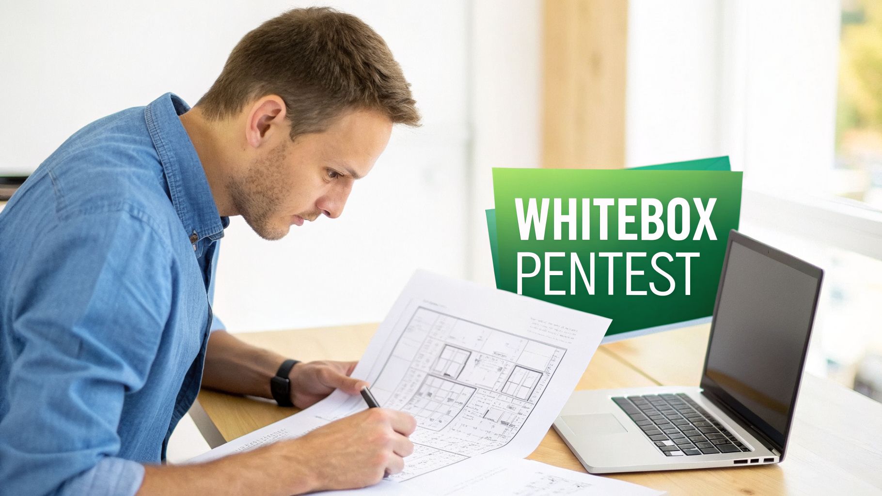 A man intently reviews technical documents with architectural plans, a laptop, and a 'WHITEBOX PENTEST' graphic.