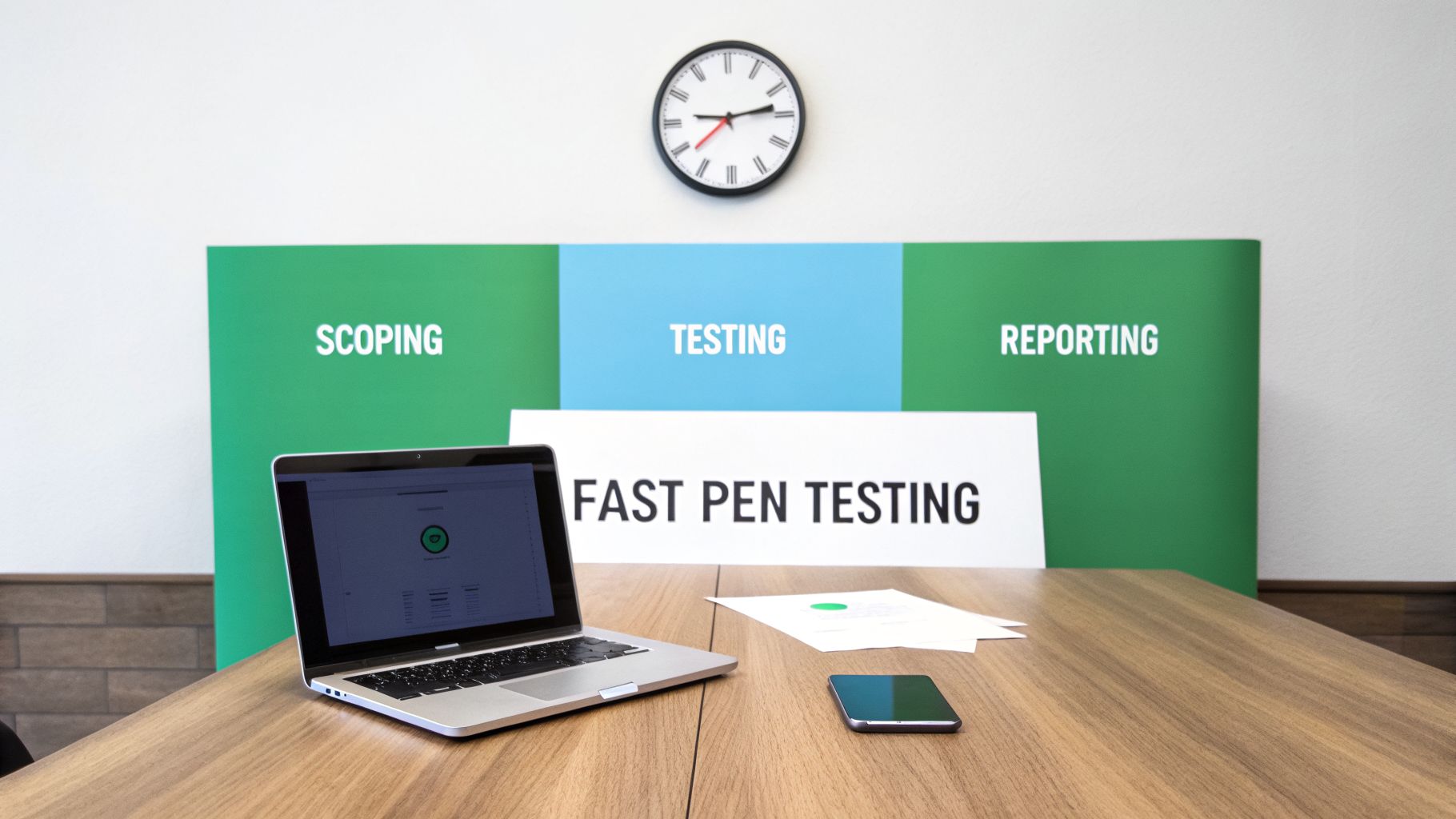 A desk setup with a laptop, smartphone, and papers, backed by a sign outlining 'SCOPING', 'TESTING', and 'REPORTING' for fast pen testing.