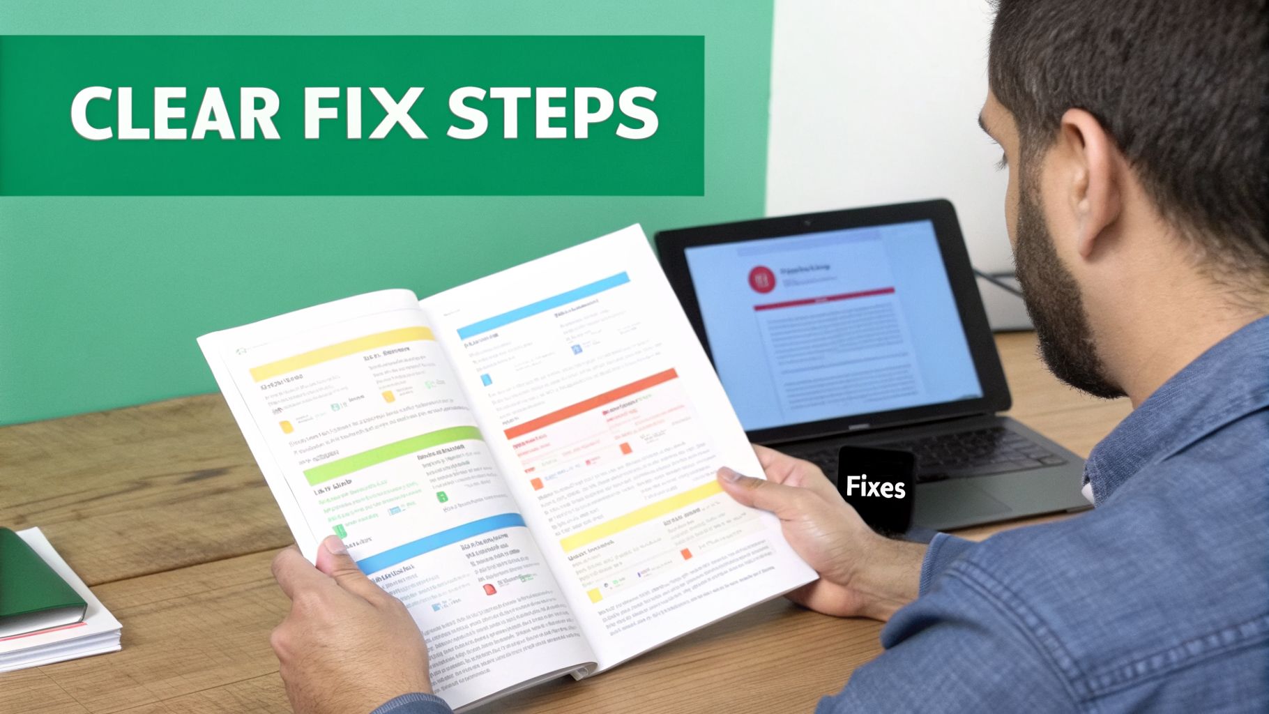A person reads a detailed manual with clear fix steps, using a laptop for reference.