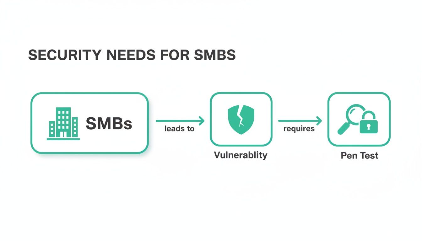Flowchart illustrating security needs for SMBs: SMBs lead to vulnerability, which requires a penetration test.