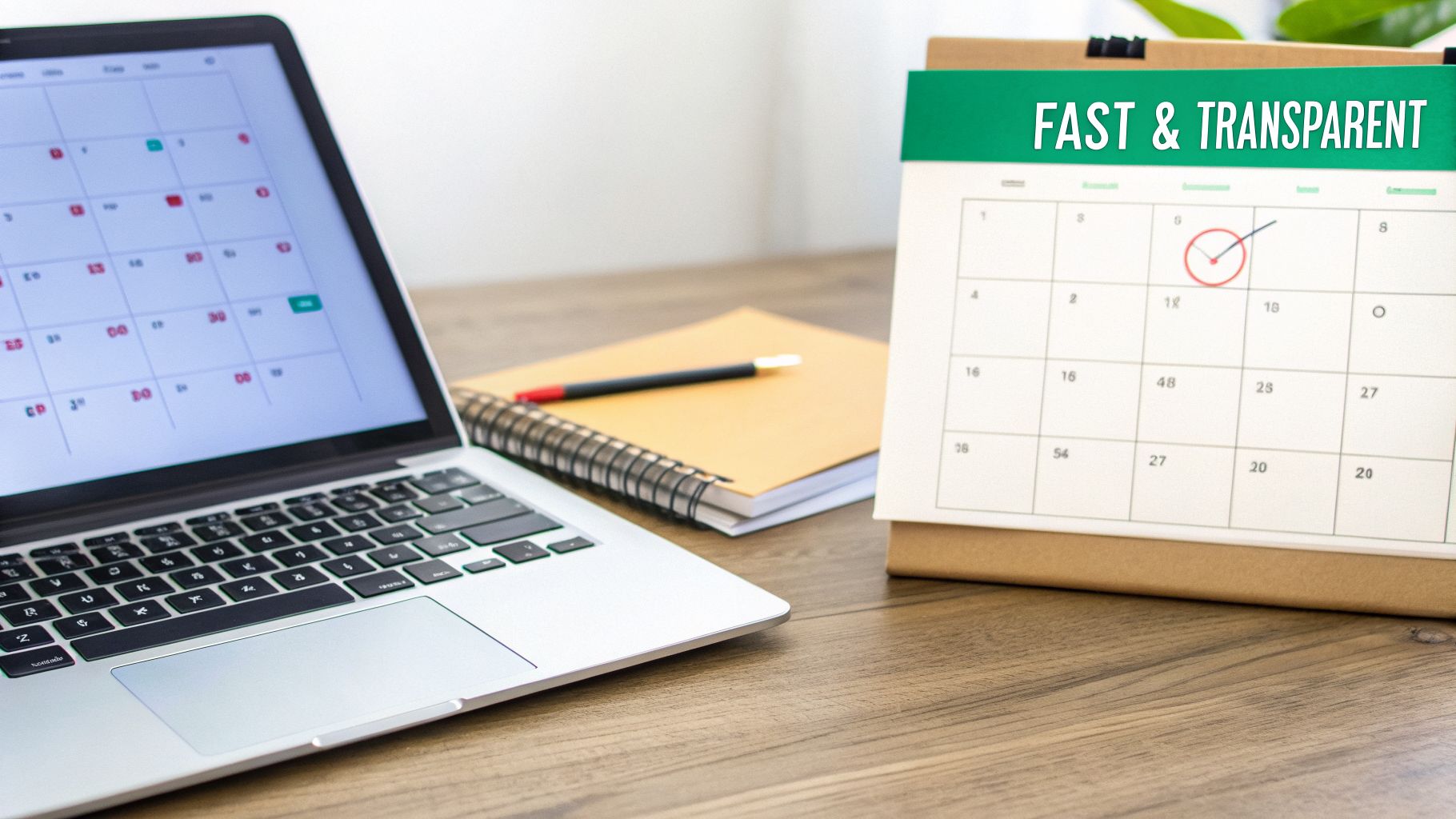 A laptop showing a calendar app, a notebook with a pen, and a desk calendar with 'FAST & TRANSPARENT' text.