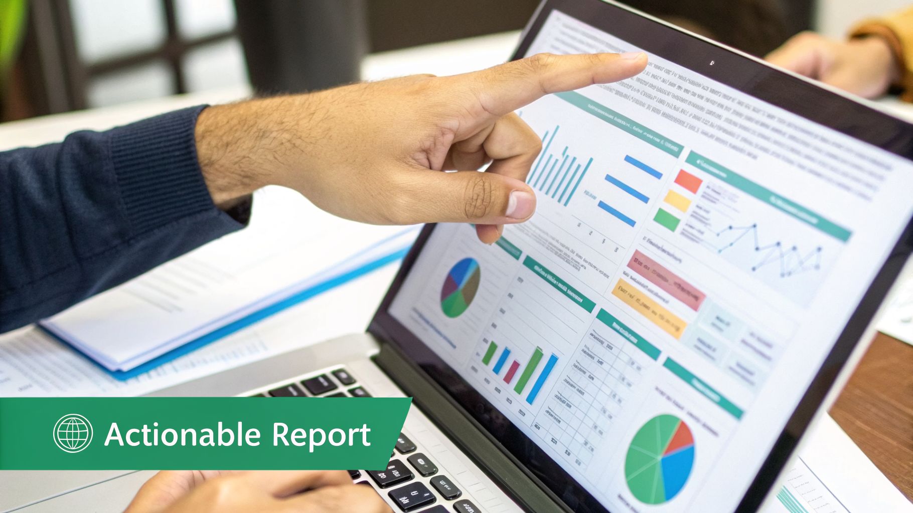 A person's hand points at a laptop screen displaying a data dashboard with various charts and graphs.