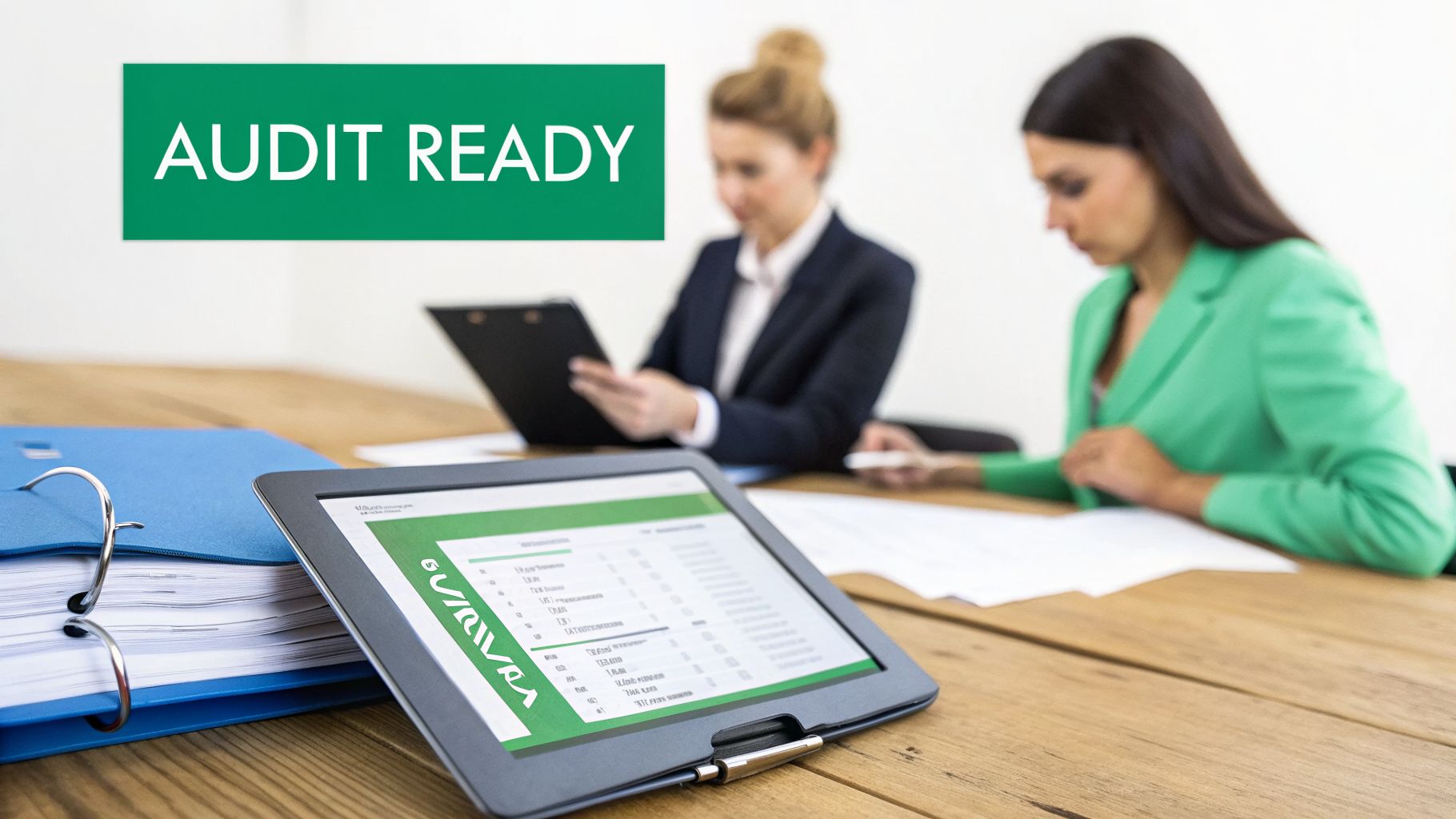 Two businesswomen preparing for an audit with documents, a tablet, and a binder on a wooden table.