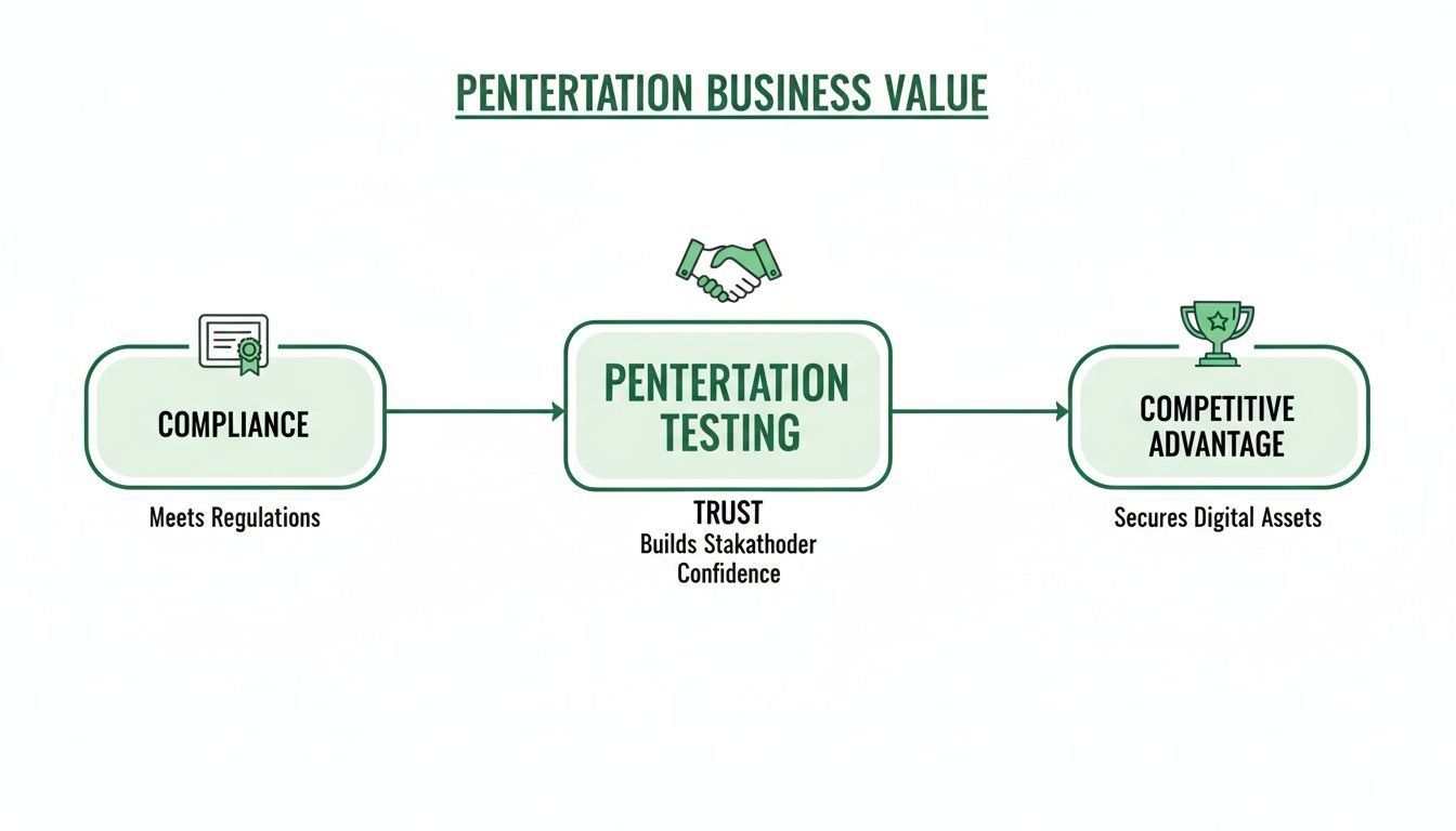 Flowchart illustrating how penetration testing drives compliance, builds trust, and provides a competitive advantage by securing digital assets.